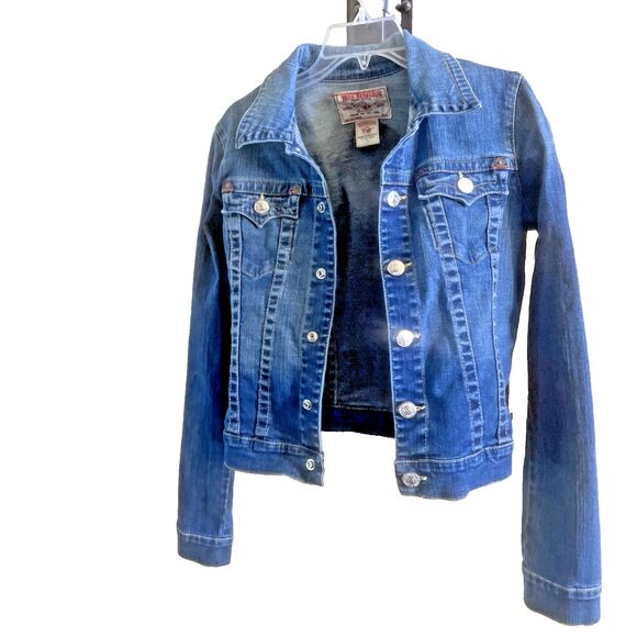 Kids True Religion Emily Blue Jean Jacket Size Large With Snap Button Closure - Picture 1 of 11